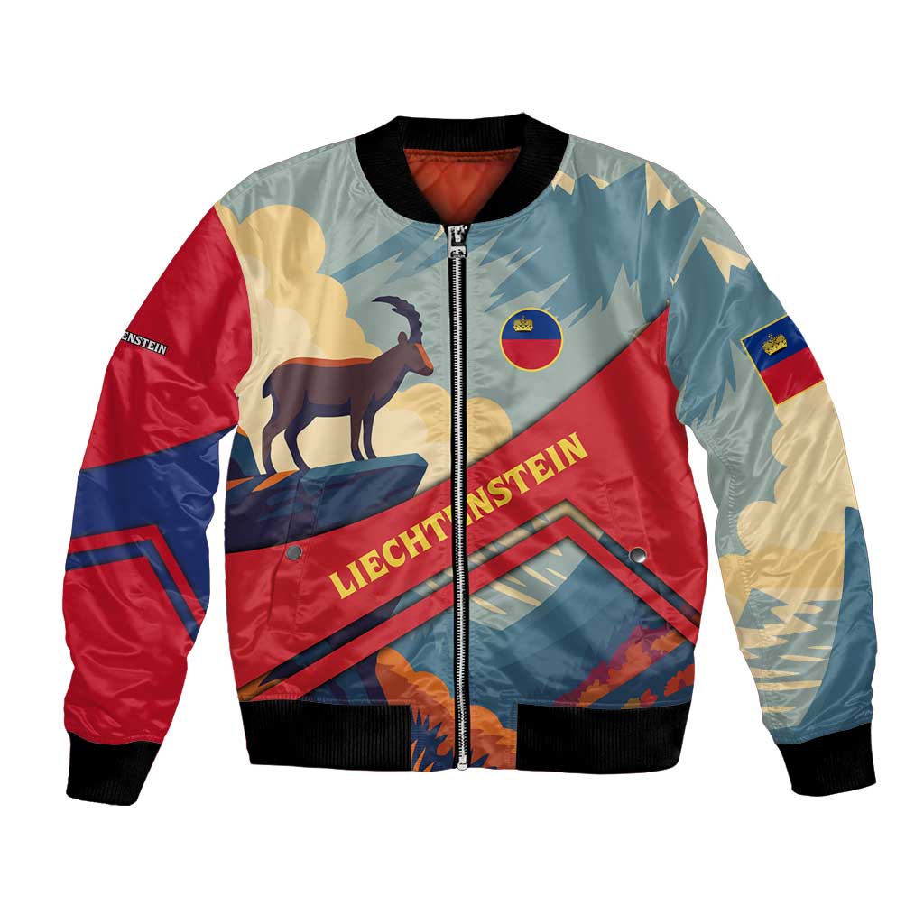 Liechtenstein Bomber Jacket with Mountain Goat Landscape Design and Red Blue Alps - Wonder Print Shop