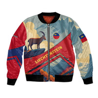 Liechtenstein Bomber Jacket with Mountain Goat Landscape Design and Red Blue Alps - Wonder Print Shop
