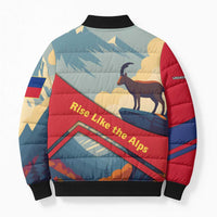 Liechtenstein Bomber Puffer Jacket with Mountain Goat Landscape Design and Red Blue Alps - Wonder Print Shop