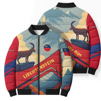 Liechtenstein Bomber Puffer Jacket with Mountain Goat Landscape Design and Red Blue Alps - Wonder Print Shop