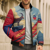 Liechtenstein Bomber Puffer Jacket with Mountain Goat Landscape Design and Red Blue Alps - Wonder Print Shop