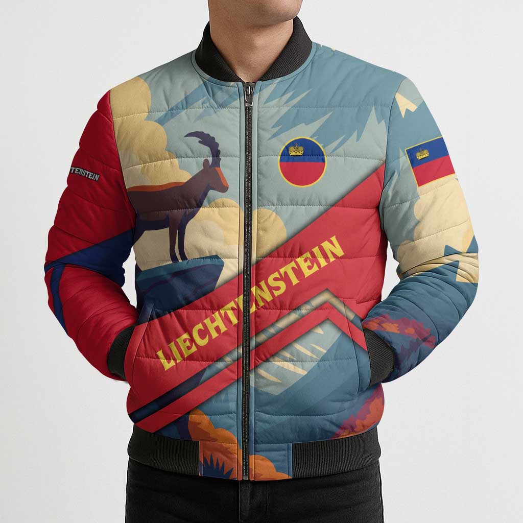 Liechtenstein Bomber Puffer Jacket with Mountain Goat Landscape Design and Red Blue Alps - Wonder Print Shop