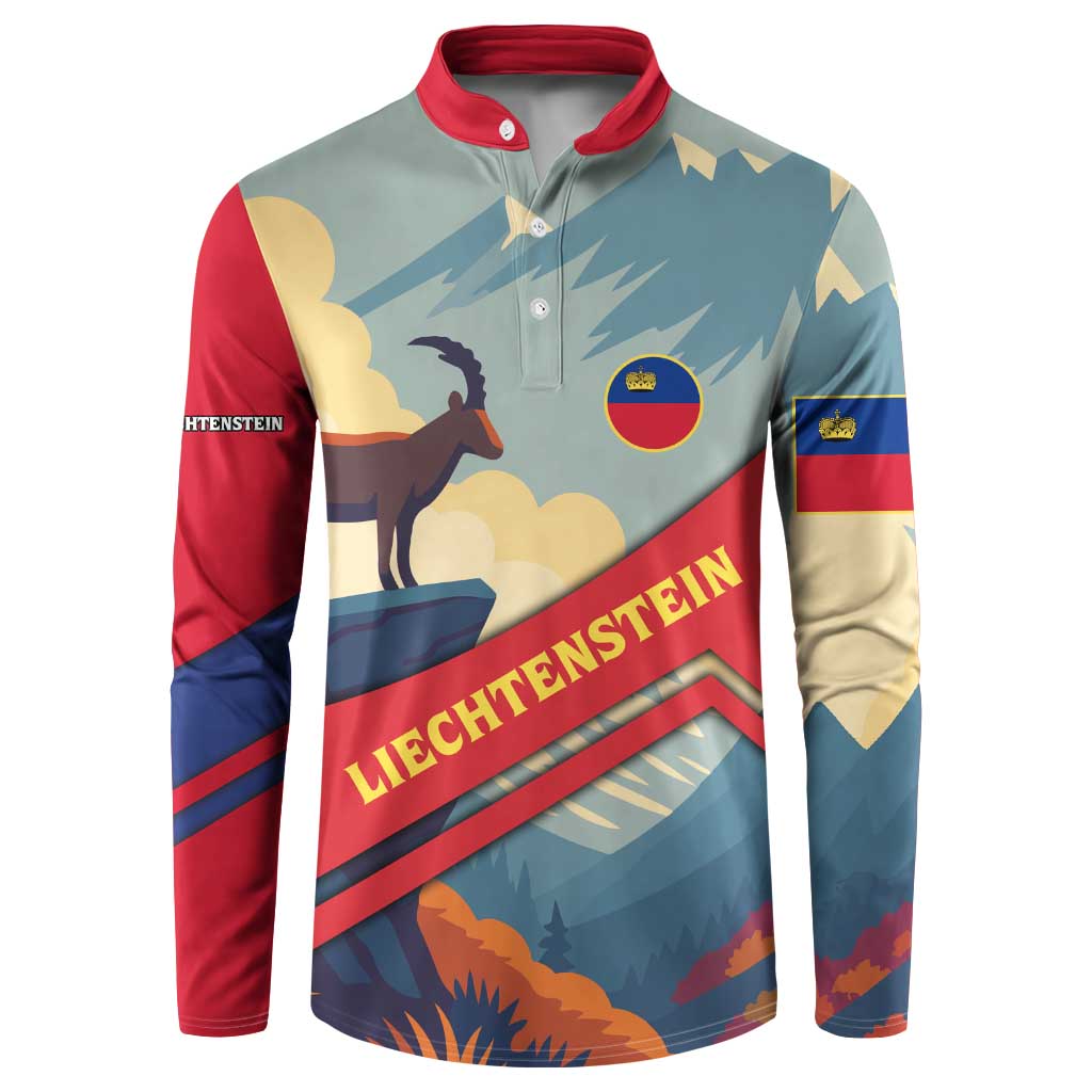 Liechtenstein Button Sweatshirt with Mountain Goat Landscape Design and Red Blue Alps - Wonder Print Shop