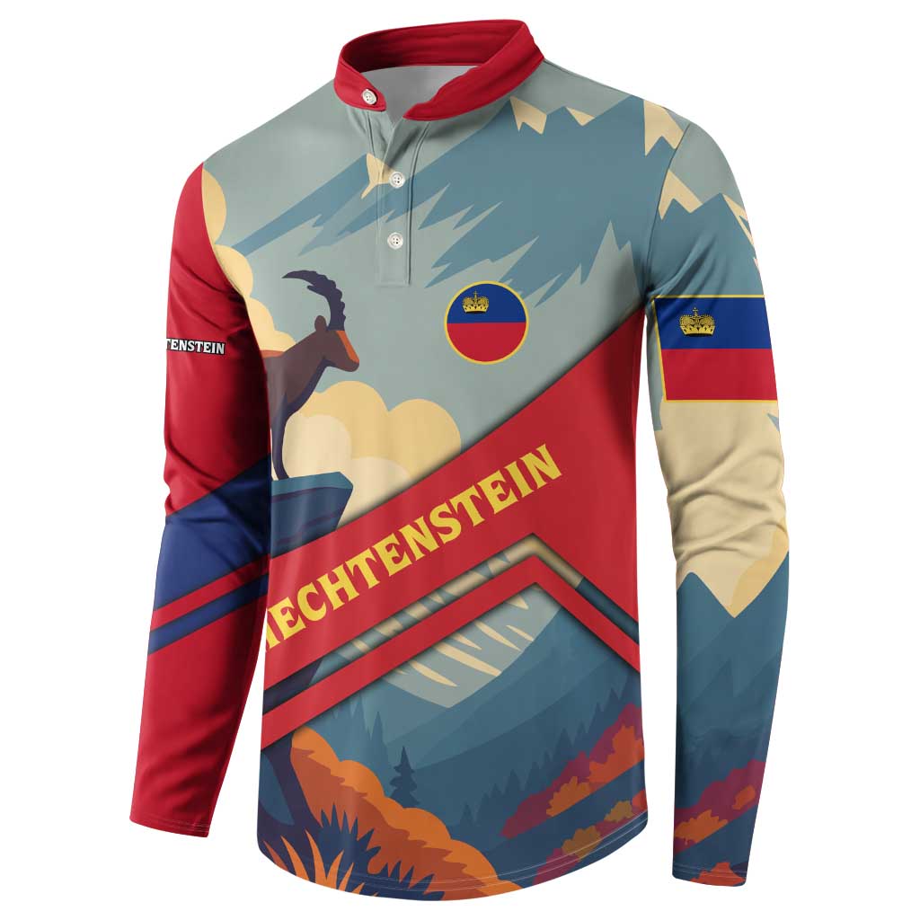 Liechtenstein Button Sweatshirt with Mountain Goat Landscape Design and Red Blue Alps - Wonder Print Shop