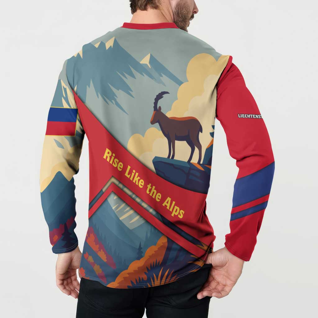 Liechtenstein Button Sweatshirt with Mountain Goat Landscape Design and Red Blue Alps - Wonder Print Shop