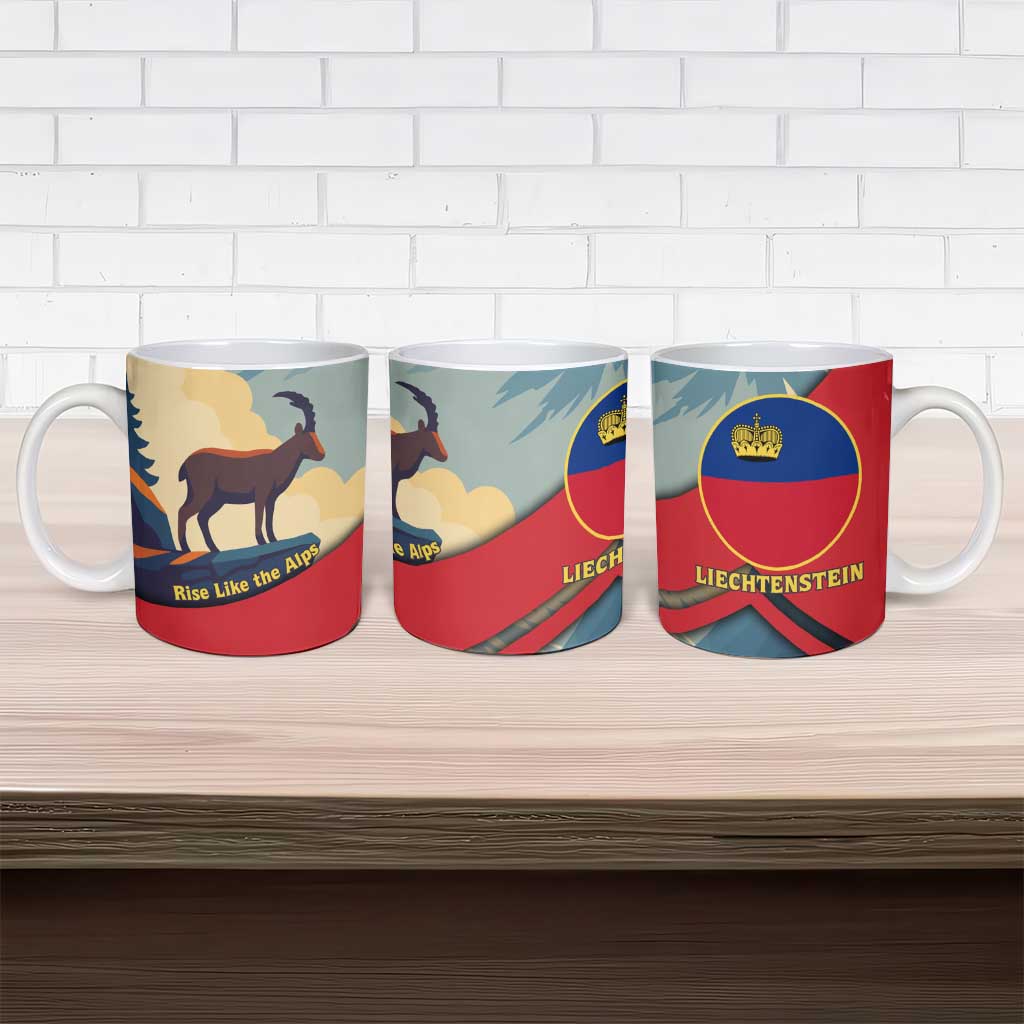 Liechtenstein Ceramic Mug with Mountain Goat Landscape Design and Red Blue Alps - Wonder Print Shop