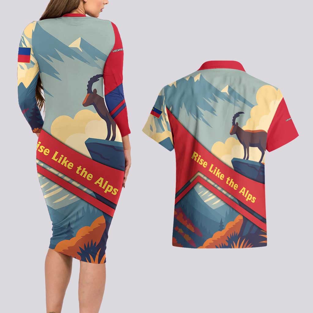 Liechtenstein Couples Matching Long Sleeve Bodycon Dress and Hawaiian Shirt with Mountain Goat Landscape Design and Red Blue Alps - Wonder Print Shop