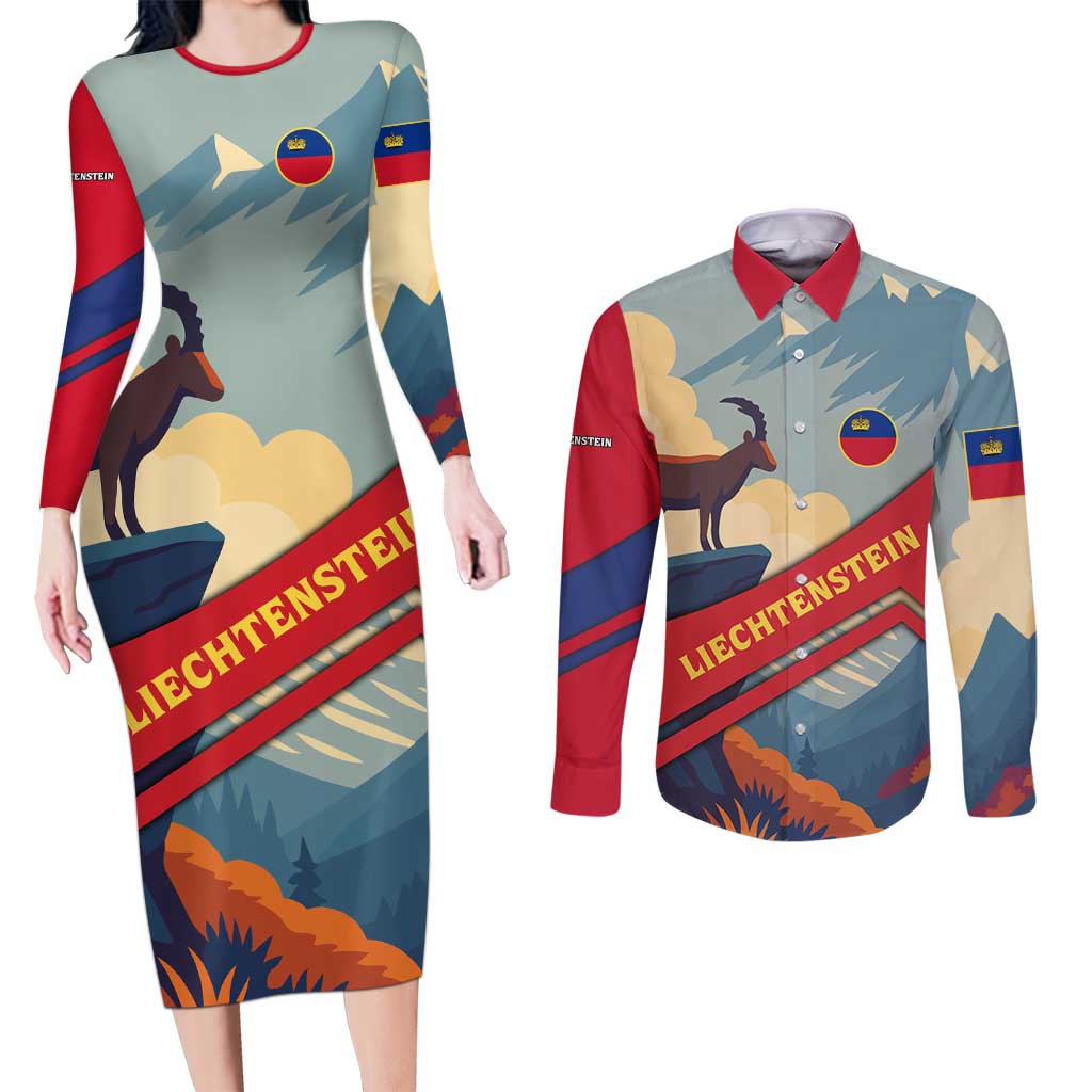 Liechtenstein Couples Matching Long Sleeve Bodycon Dress and Long Sleeve Button Shirt with Mountain Goat Landscape Design and Red Blue Alps - Wonder Print Shop