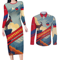 Liechtenstein Couples Matching Long Sleeve Bodycon Dress and Long Sleeve Button Shirt with Mountain Goat Landscape Design and Red Blue Alps - Wonder Print Shop