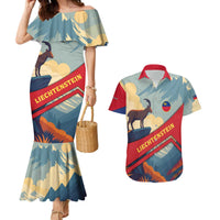 Liechtenstein Couples Matching Mermaid Dress and Hawaiian Shirt with Mountain Goat Landscape Design and Red Blue Alps - Wonder Print Shop