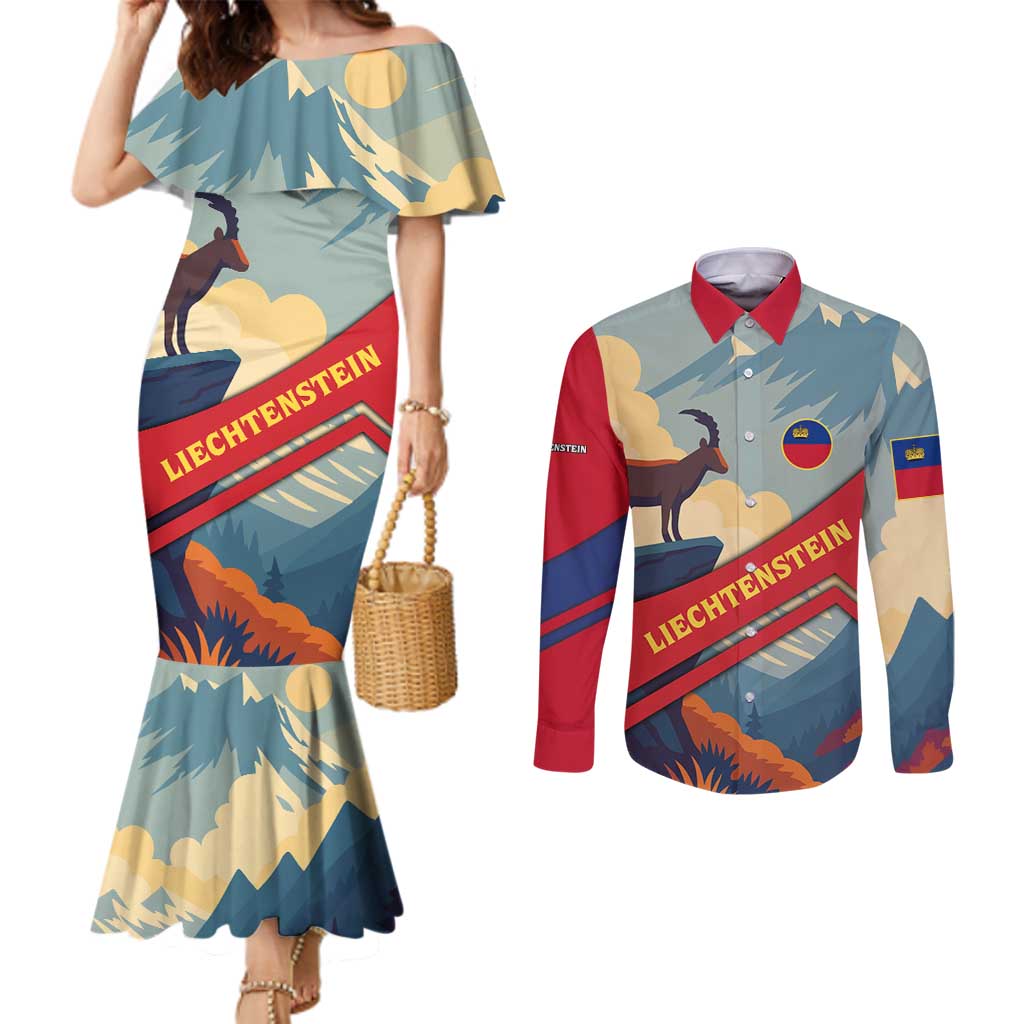 Liechtenstein Couples Matching Mermaid Dress and Long Sleeve Button Shirt with Mountain Goat Landscape Design and Red Blue Alps - Wonder Print Shop