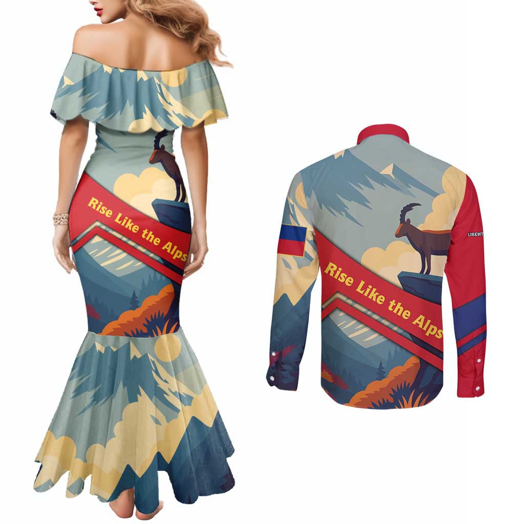 Liechtenstein Couples Matching Mermaid Dress and Long Sleeve Button Shirt with Mountain Goat Landscape Design and Red Blue Alps - Wonder Print Shop