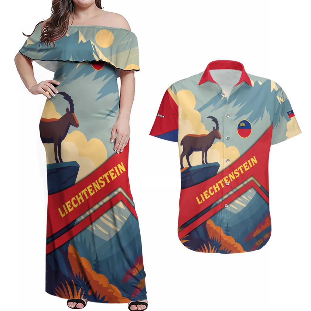 Liechtenstein Couples Matching Off Shoulder Maxi Dress and Hawaiian Shirt with Mountain Goat Landscape Design and Red Blue Alps - Wonder Print Shop