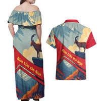 Liechtenstein Couples Matching Off Shoulder Maxi Dress and Hawaiian Shirt with Mountain Goat Landscape Design and Red Blue Alps - Wonder Print Shop