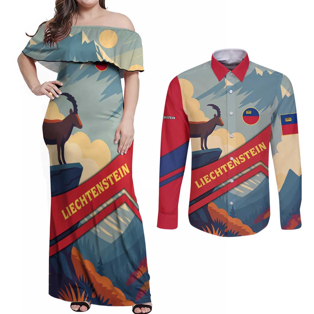 Liechtenstein Couples Matching Off Shoulder Maxi Dress and Long Sleeve Button Shirt with Mountain Goat Landscape Design and Red Blue Alps - Wonder Print Shop