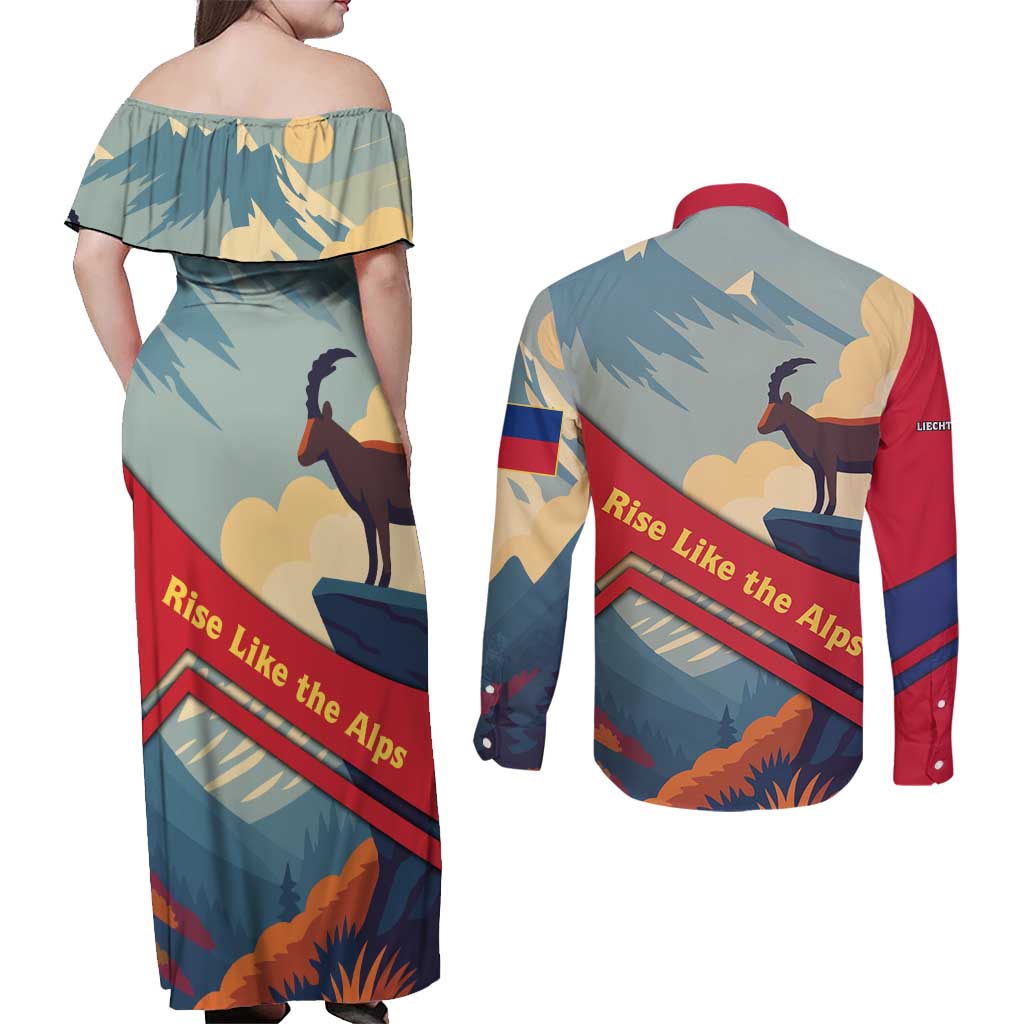 Liechtenstein Couples Matching Off Shoulder Maxi Dress and Long Sleeve Button Shirt with Mountain Goat Landscape Design and Red Blue Alps - Wonder Print Shop