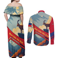 Liechtenstein Couples Matching Off Shoulder Maxi Dress and Long Sleeve Button Shirt with Mountain Goat Landscape Design and Red Blue Alps - Wonder Print Shop