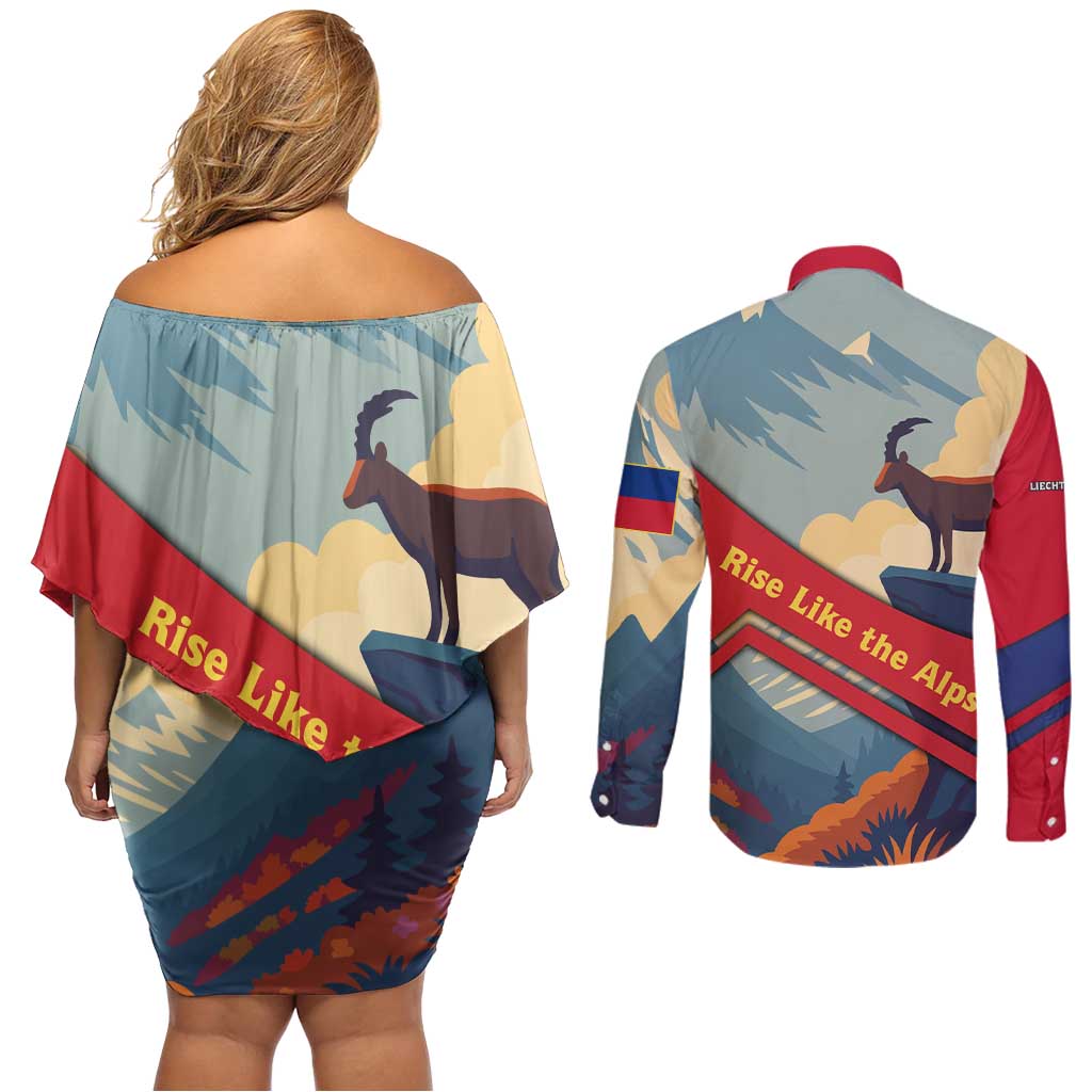 Liechtenstein Couples Matching Off Shoulder Short Dress and Long Sleeve Button Shirt with Mountain Goat Landscape Design and Red Blue Alps - Wonder Print Shop