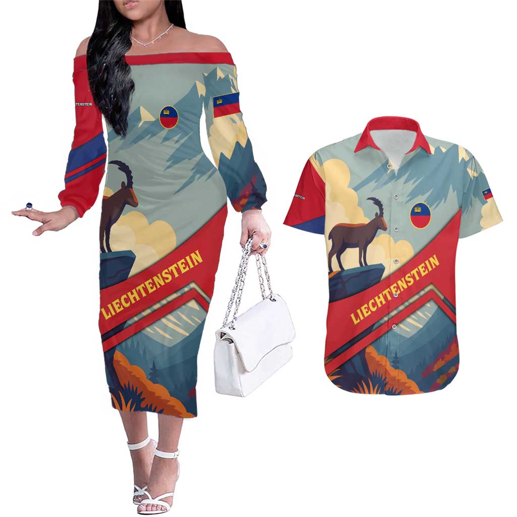 Liechtenstein Couples Matching Off The Shoulder Long Sleeve Dress and Hawaiian Shirt with Mountain Goat Landscape Design and Red Blue Alps - Wonder Print Shop