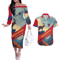 Liechtenstein Couples Matching Off The Shoulder Long Sleeve Dress and Hawaiian Shirt with Mountain Goat Landscape Design and Red Blue Alps - Wonder Print Shop