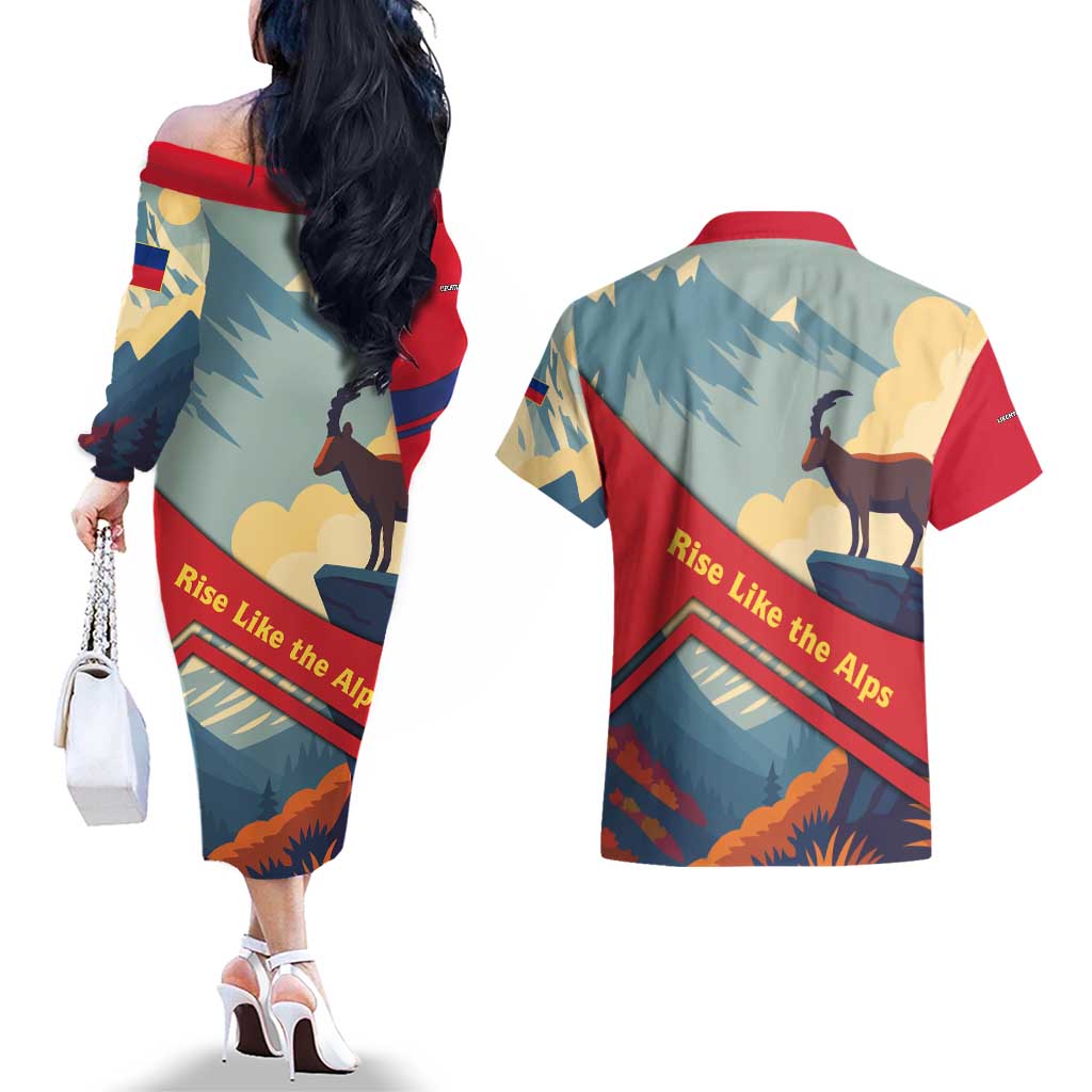 Liechtenstein Couples Matching Off The Shoulder Long Sleeve Dress and Hawaiian Shirt with Mountain Goat Landscape Design and Red Blue Alps - Wonder Print Shop