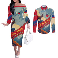 Liechtenstein Couples Matching Off The Shoulder Long Sleeve Dress and Long Sleeve Button Shirt with Mountain Goat Landscape Design and Red Blue Alps - Wonder Print Shop