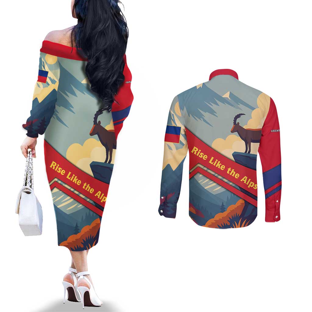 Liechtenstein Couples Matching Off The Shoulder Long Sleeve Dress and Long Sleeve Button Shirt with Mountain Goat Landscape Design and Red Blue Alps - Wonder Print Shop
