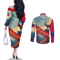 Liechtenstein Couples Matching Off The Shoulder Long Sleeve Dress and Long Sleeve Button Shirt with Mountain Goat Landscape Design and Red Blue Alps - Wonder Print Shop