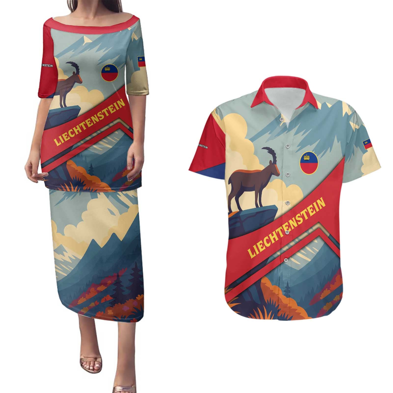 Liechtenstein Couples Matching Puletasi and Hawaiian Shirt with Mountain Goat Landscape Design and Red Blue Alps - Wonder Print Shop