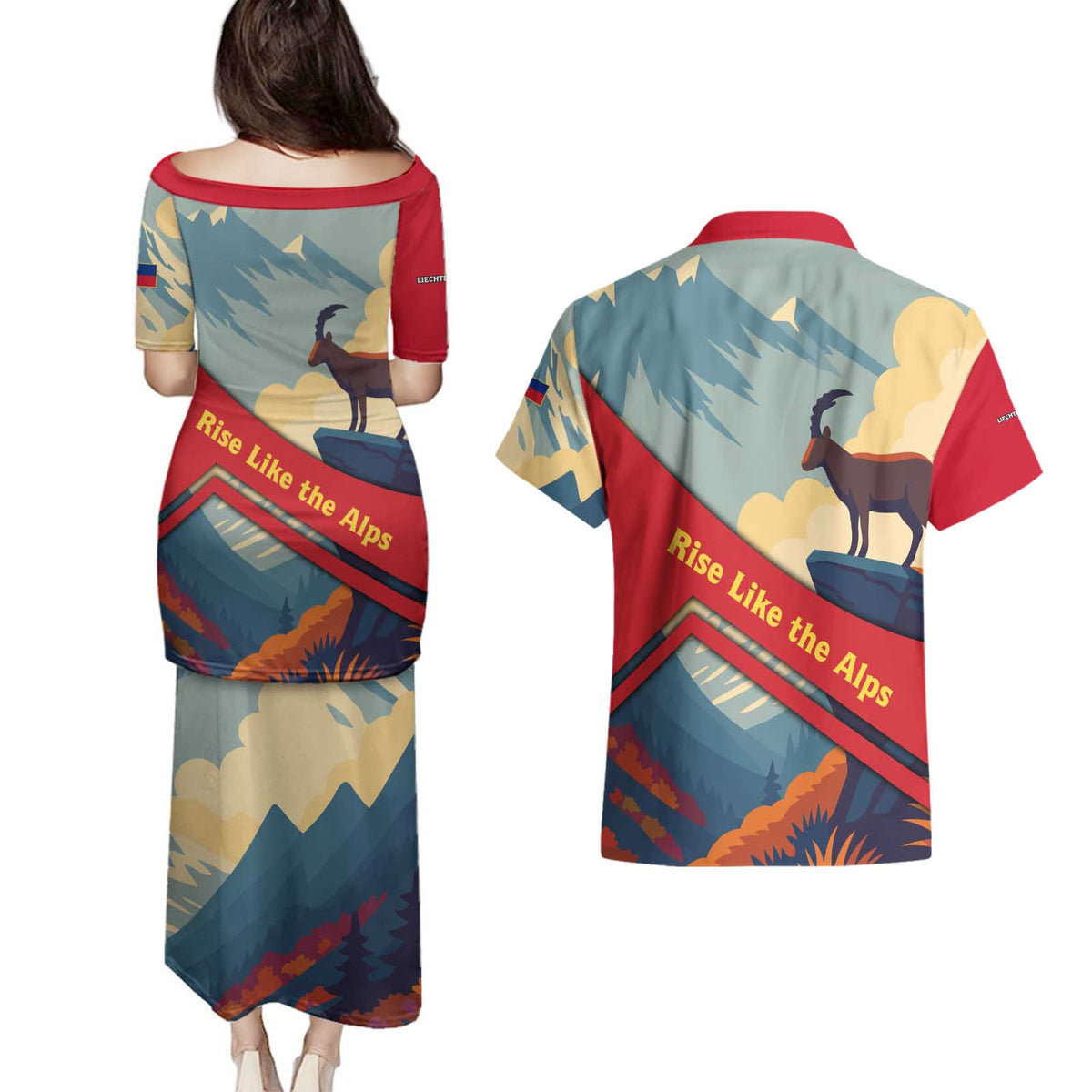 Liechtenstein Couples Matching Puletasi and Hawaiian Shirt with Mountain Goat Landscape Design and Red Blue Alps - Wonder Print Shop