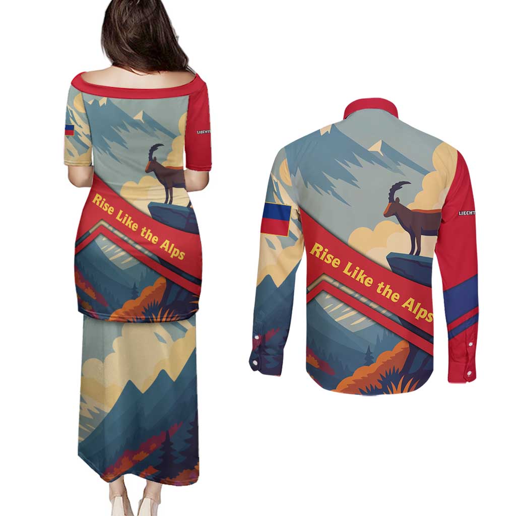 Liechtenstein Couples Matching Puletasi and Long Sleeve Button Shirt with Mountain Goat Landscape Design and Red Blue Alps - Wonder Print Shop
