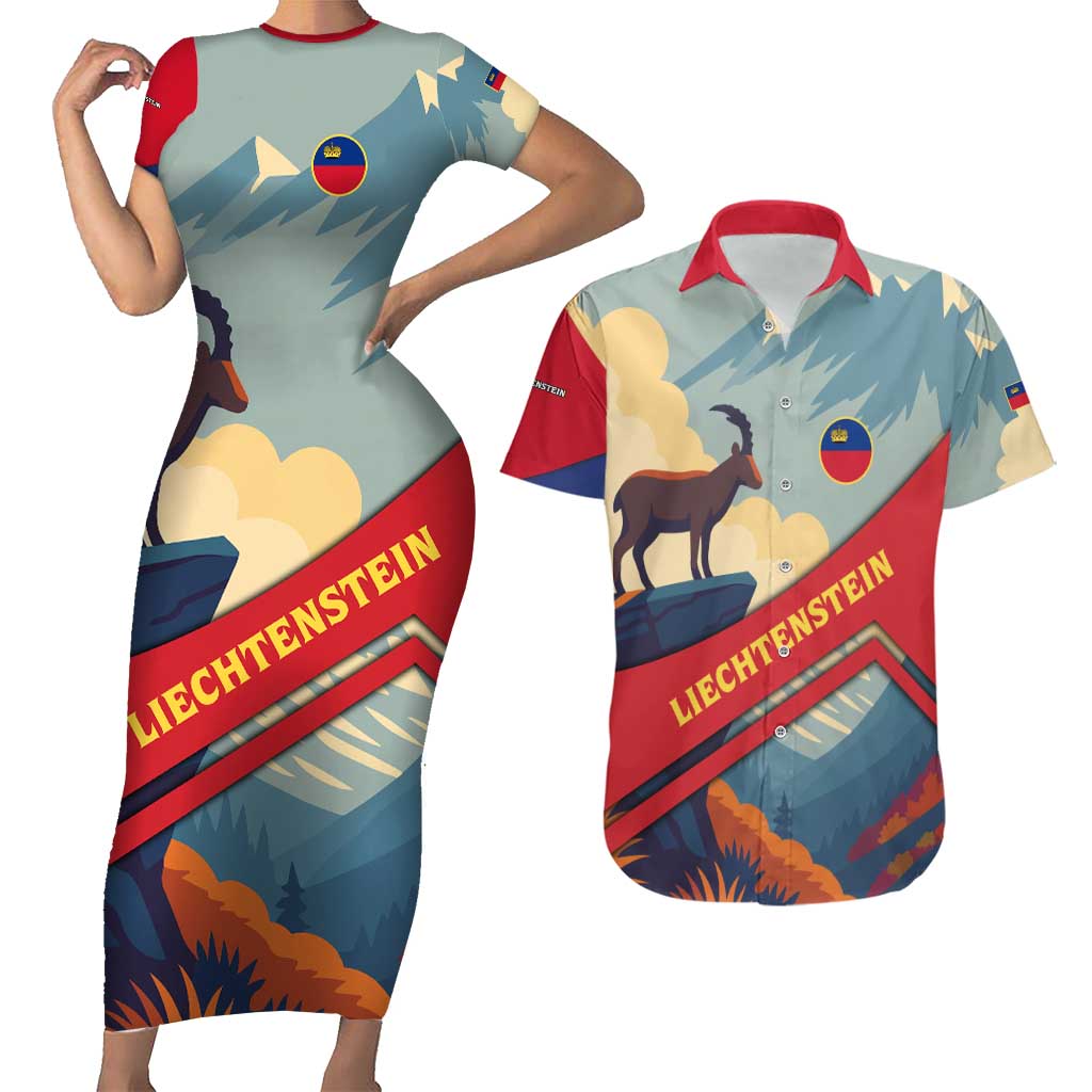 Liechtenstein Couples Matching Short Sleeve Bodycon Dress and Hawaiian Shirt with Mountain Goat Landscape Design and Red Blue Alps - Wonder Print Shop