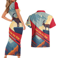 Liechtenstein Couples Matching Short Sleeve Bodycon Dress and Hawaiian Shirt with Mountain Goat Landscape Design and Red Blue Alps - Wonder Print Shop