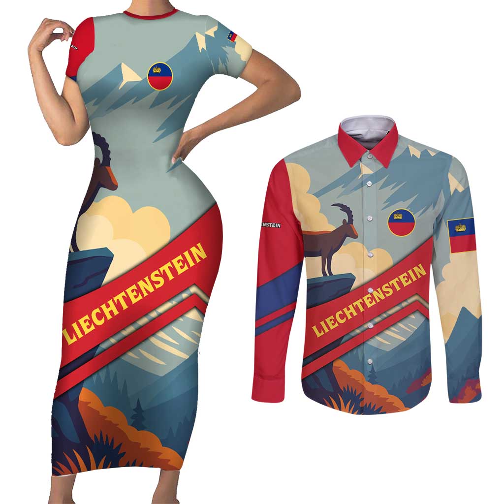 Liechtenstein Couples Matching Short Sleeve Bodycon Dress and Long Sleeve Button Shirt with Mountain Goat Landscape Design and Red Blue Alps - Wonder Print Shop