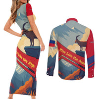 Liechtenstein Couples Matching Short Sleeve Bodycon Dress and Long Sleeve Button Shirt with Mountain Goat Landscape Design and Red Blue Alps - Wonder Print Shop