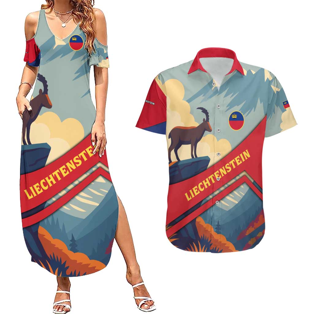 Liechtenstein Couples Matching Summer Maxi Dress and Hawaiian Shirt with Mountain Goat Landscape Design and Red Blue Alps - Wonder Print Shop