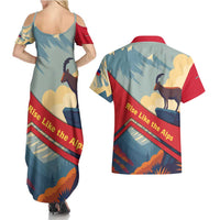Liechtenstein Couples Matching Summer Maxi Dress and Hawaiian Shirt with Mountain Goat Landscape Design and Red Blue Alps - Wonder Print Shop