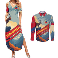 Liechtenstein Couples Matching Summer Maxi Dress and Long Sleeve Button Shirt with Mountain Goat Landscape Design and Red Blue Alps - Wonder Print Shop