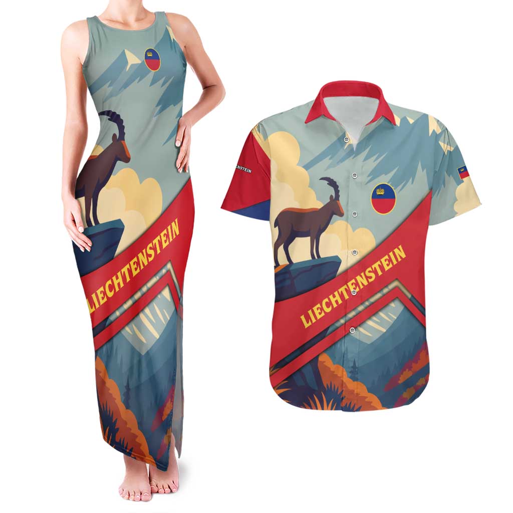 Liechtenstein Couples Matching Tank Maxi Dress and Hawaiian Shirt with Mountain Goat Landscape Design and Red Blue Alps - Wonder Print Shop