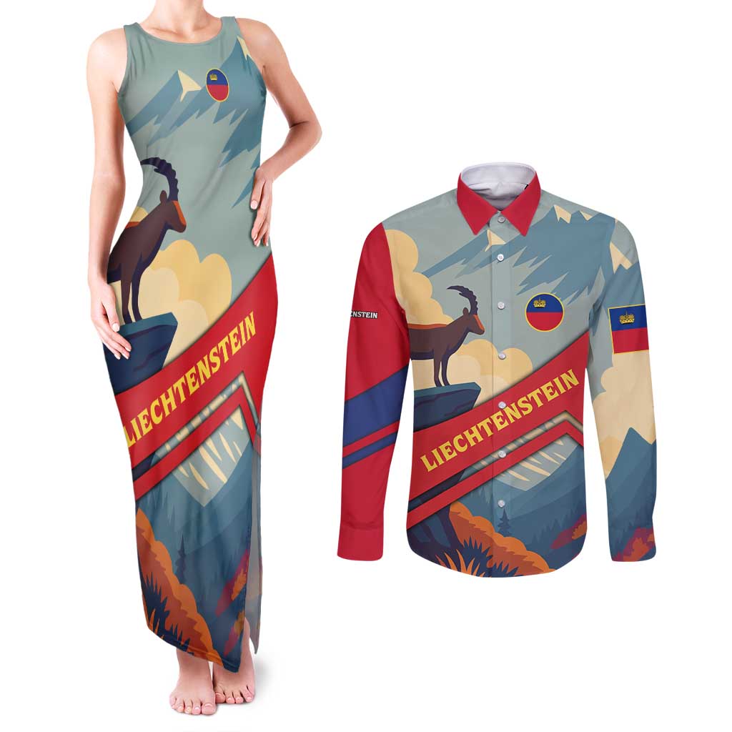 Liechtenstein Couples Matching Tank Maxi Dress and Long Sleeve Button Shirt with Mountain Goat Landscape Design and Red Blue Alps - Wonder Print Shop
