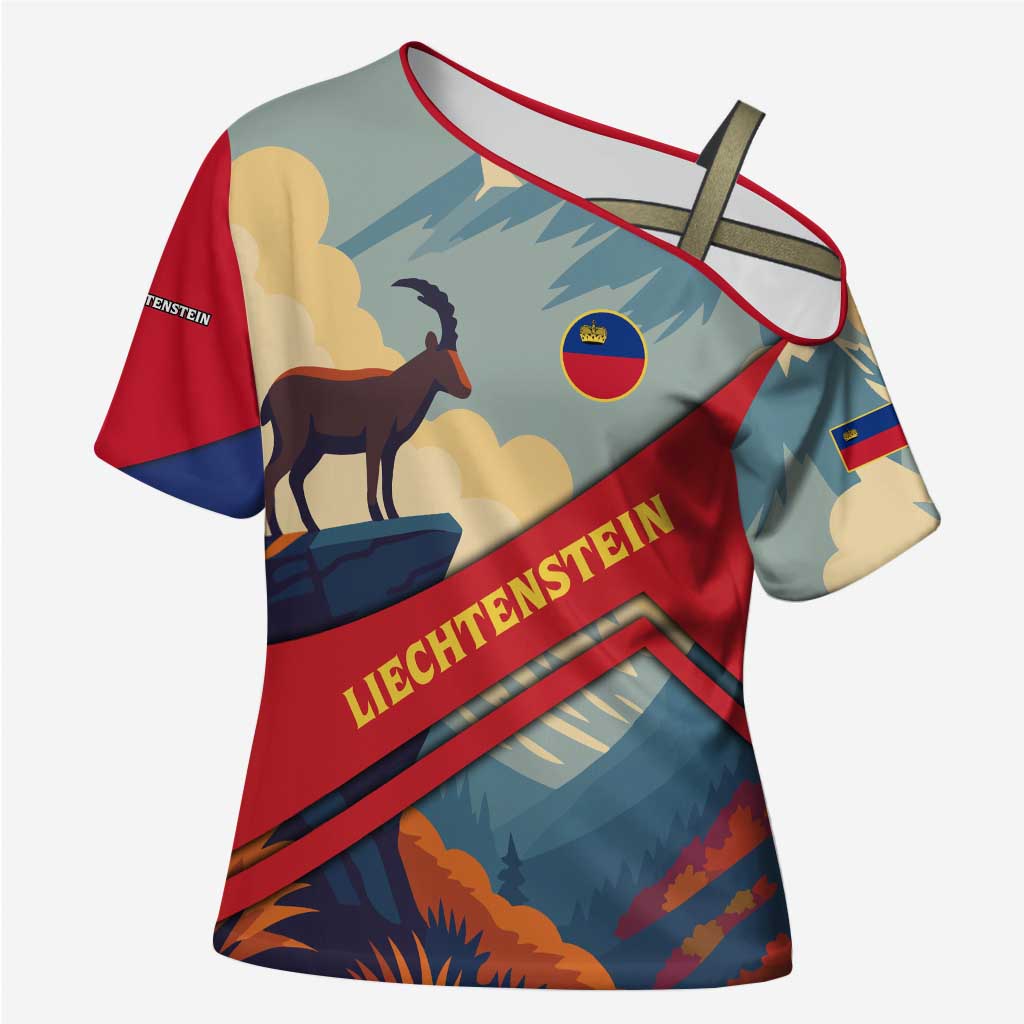 Liechtenstein Cross Shoulder Shirt with Mountain Goat Landscape Design and Red Blue Alps - Wonder Print Shop