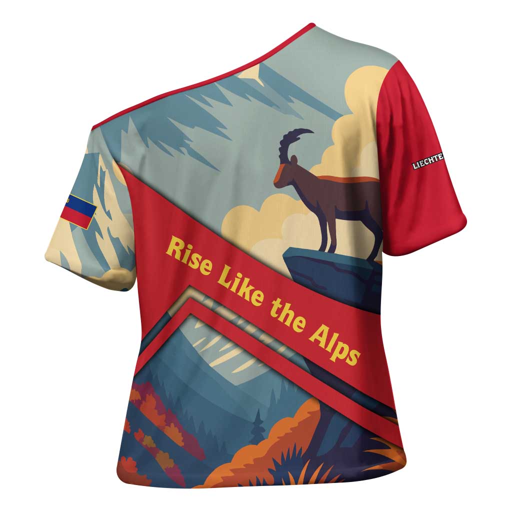 Liechtenstein Cross Shoulder Shirt with Mountain Goat Landscape Design and Red Blue Alps - Wonder Print Shop
