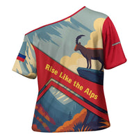 Liechtenstein Cross Shoulder Shirt with Mountain Goat Landscape Design and Red Blue Alps - Wonder Print Shop