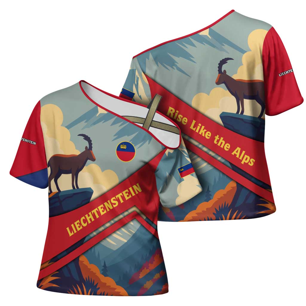 Liechtenstein Cross Shoulder Shirt with Mountain Goat Landscape Design and Red Blue Alps - Wonder Print Shop