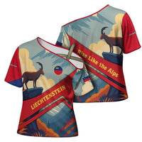 Liechtenstein Cross Shoulder Shirt with Mountain Goat Landscape Design and Red Blue Alps - Wonder Print Shop