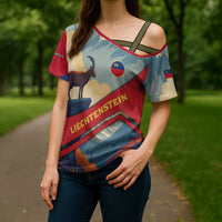 Liechtenstein Cross Shoulder Shirt with Mountain Goat Landscape Design and Red Blue Alps - Wonder Print Shop