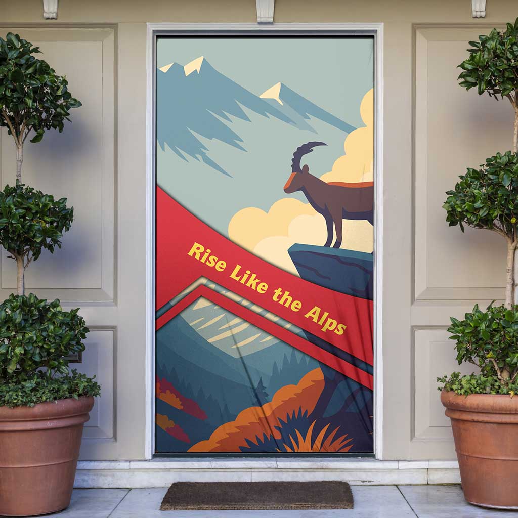 Liechtenstein Door Cover with Mountain Goat Landscape Design and Red Blue Alps - Wonder Print Shop
