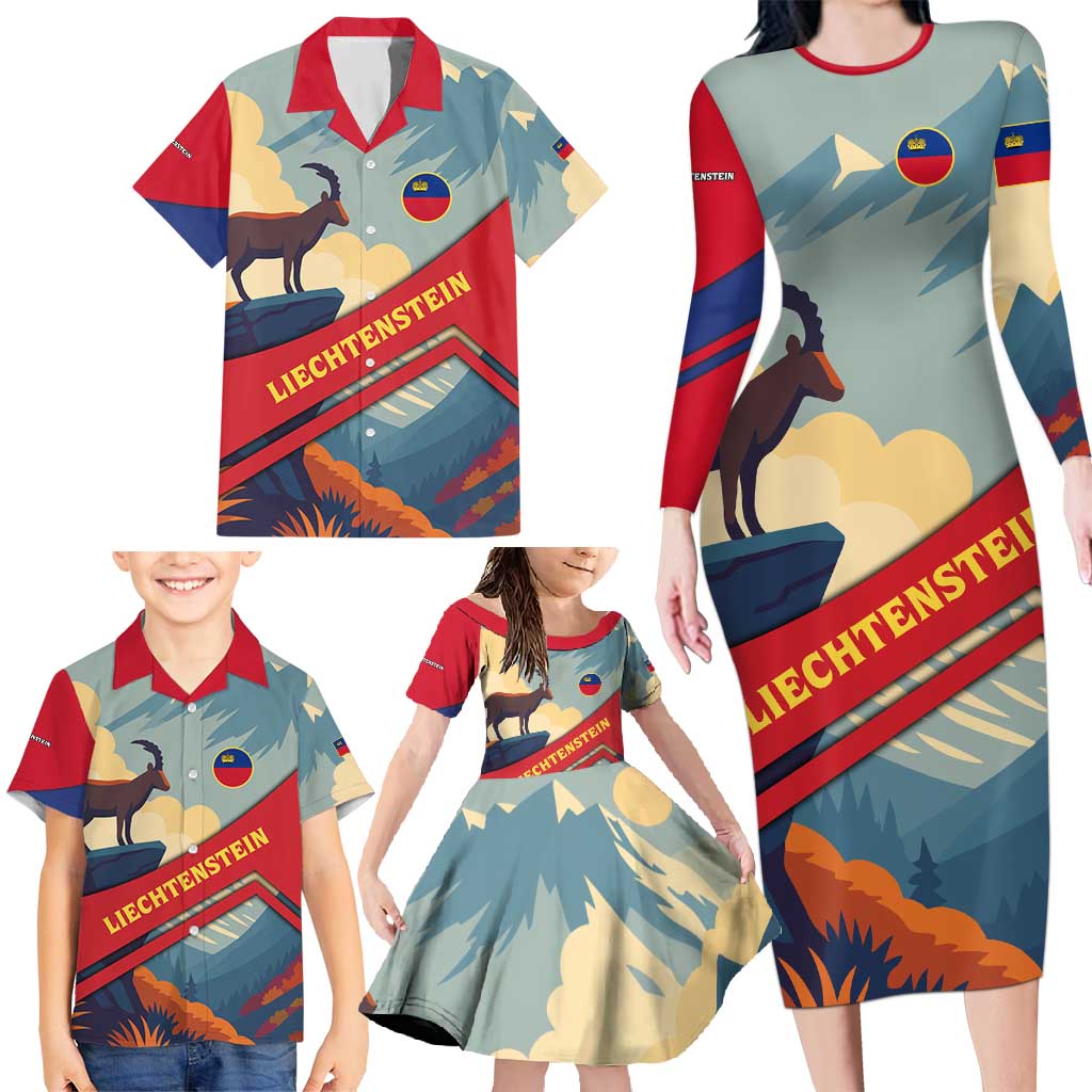 Liechtenstein Family Matching Long Sleeve Bodycon Dress and Hawaiian Shirt with Mountain Goat Landscape Design and Red Blue Alps - Wonder Print Shop