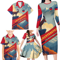 Liechtenstein Family Matching Long Sleeve Bodycon Dress and Hawaiian Shirt with Mountain Goat Landscape Design and Red Blue Alps - Wonder Print Shop
