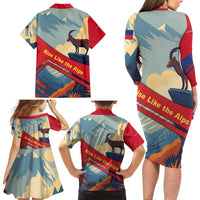Liechtenstein Family Matching Long Sleeve Bodycon Dress and Hawaiian Shirt with Mountain Goat Landscape Design and Red Blue Alps - Wonder Print Shop